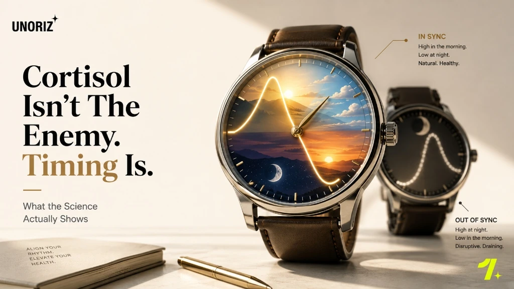 Luxury wristwatch showing peak morning circadian light vs flat dark evening rhythm illustrating cortisol timing vs stress dysregulation