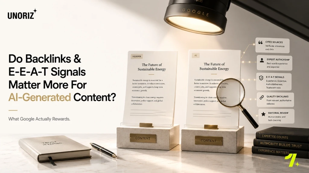 Visual comparison of backlinks and E-E-A-T signals for AI-generated vs human-written content under Google ranking searchlights