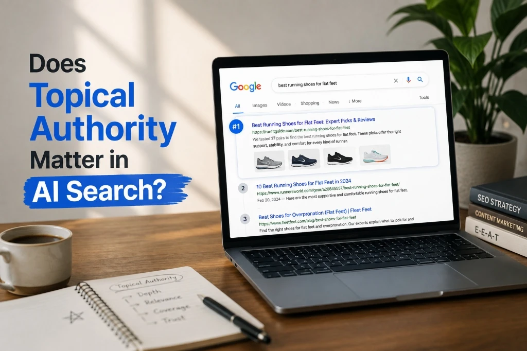 Does Topical Authority Matter in AI Search laptop screen displaying Google search results for running shoes with organic ranking badges