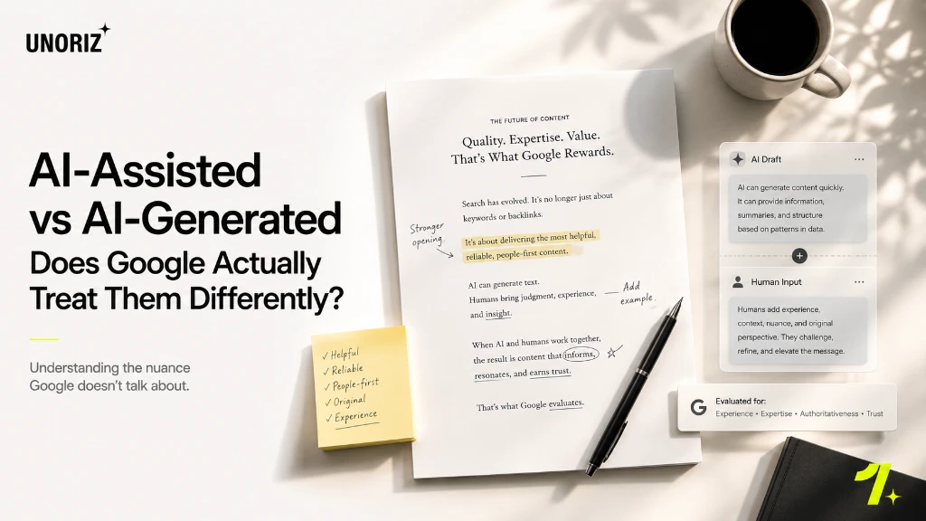 Visual breakdown comparing AI-Assisted vs AI-Generated Content in Google's Eyes with editorial notes and Google quality evaluation criteria