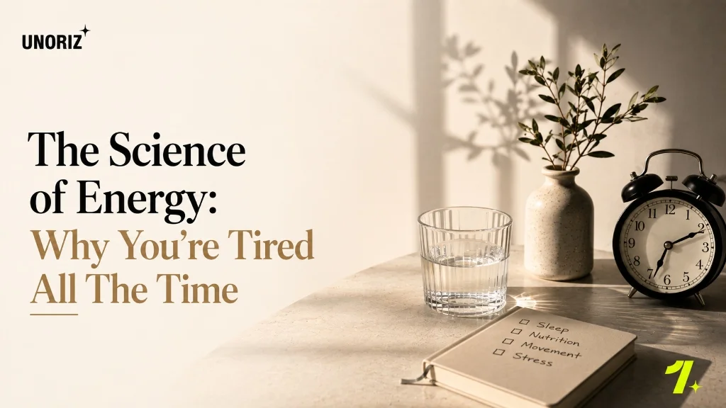 Warm morning sunlight casting soft shadows on a minimalist desk with a glass of water, an olive branch in a vase, an alarm clock, and a habit journal listing Sleep, Nutrition, Movement, and Stress