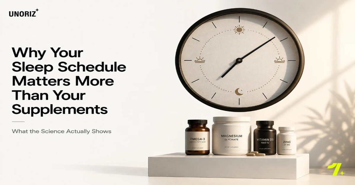 Minimalist clock with sun and moon icons above sleep supplement bottles illustrating sleep schedule regularity vs supplements