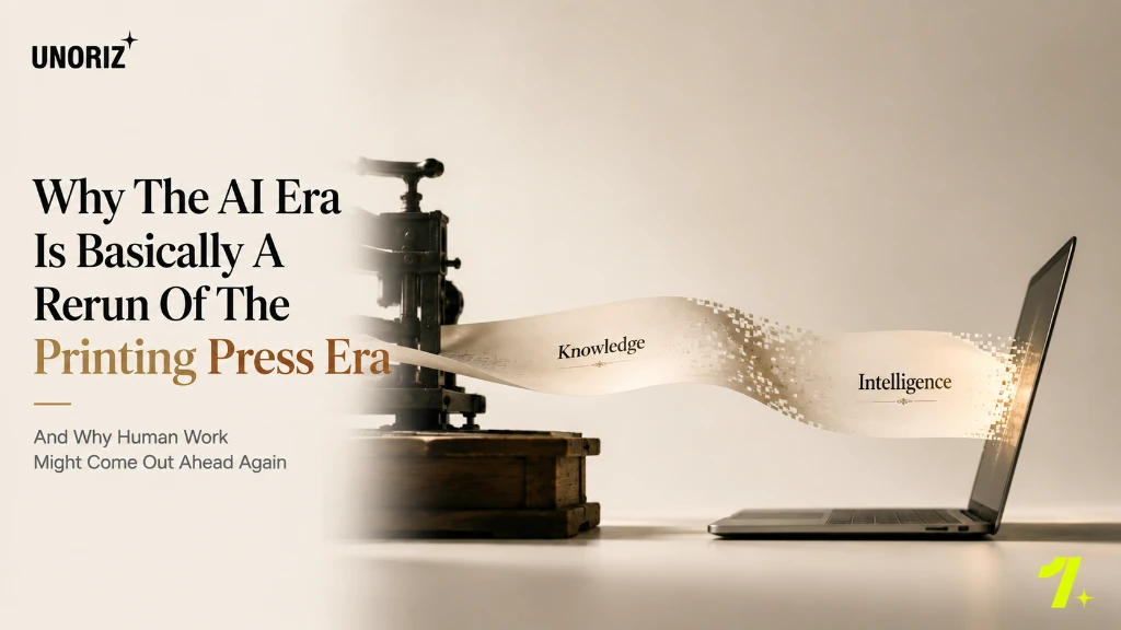 Vintage Gutenberg printing press transforming paper stream into a modern laptop screen displaying Knowledge and Intelligence
